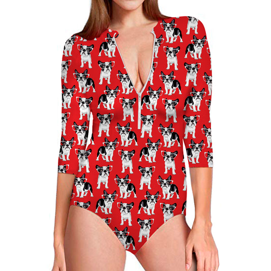 French Bulldog With Glasses Print Long Sleeve Swimsuit