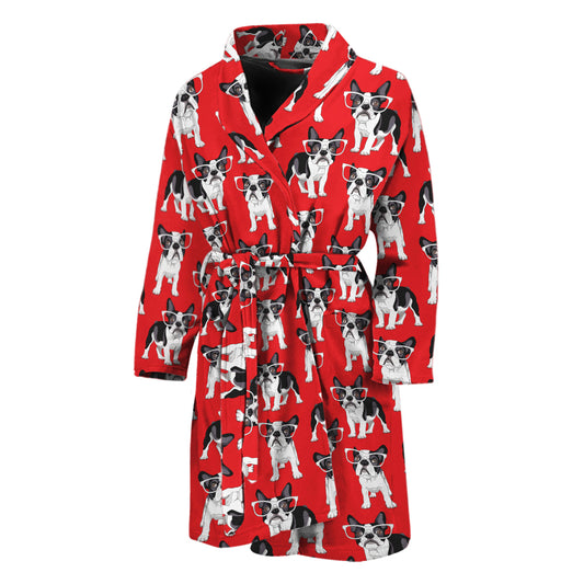 French Bulldog With Glasses Print Men's Bathrobe