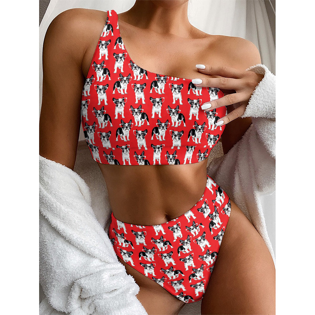 French Bulldog With Glasses Print One Shoulder Bikini Top