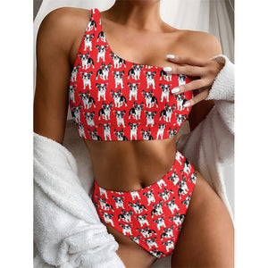 French Bulldog With Glasses Print One Shoulder Bikini Top