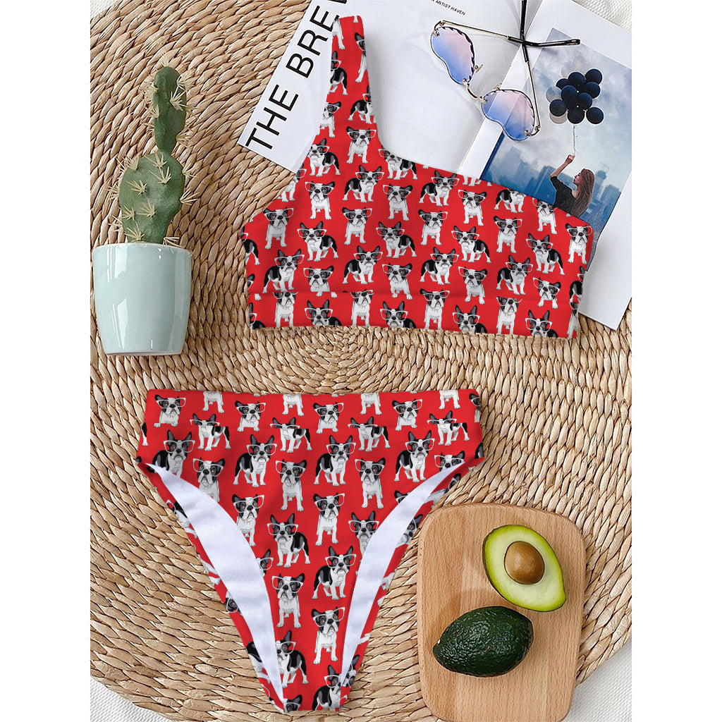 French Bulldog With Glasses Print One Shoulder Bikini Top