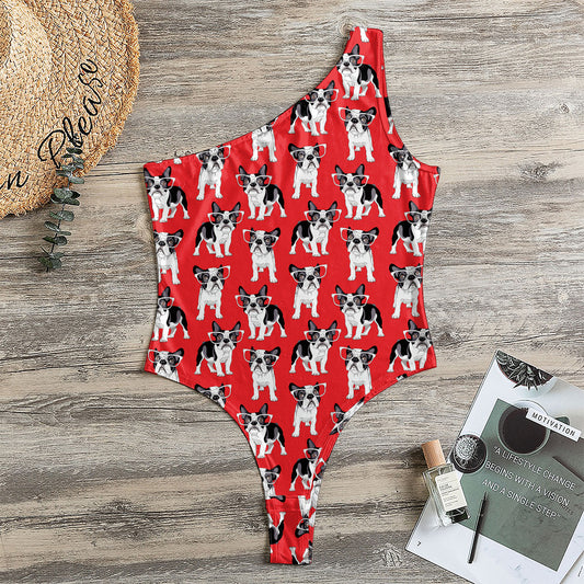 French Bulldog With Glasses Print One Shoulder Bodysuit