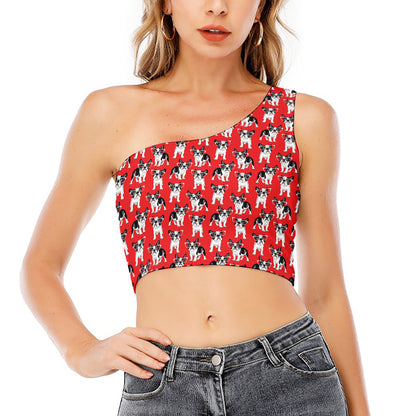 French Bulldog With Glasses Print One Shoulder Crop Top