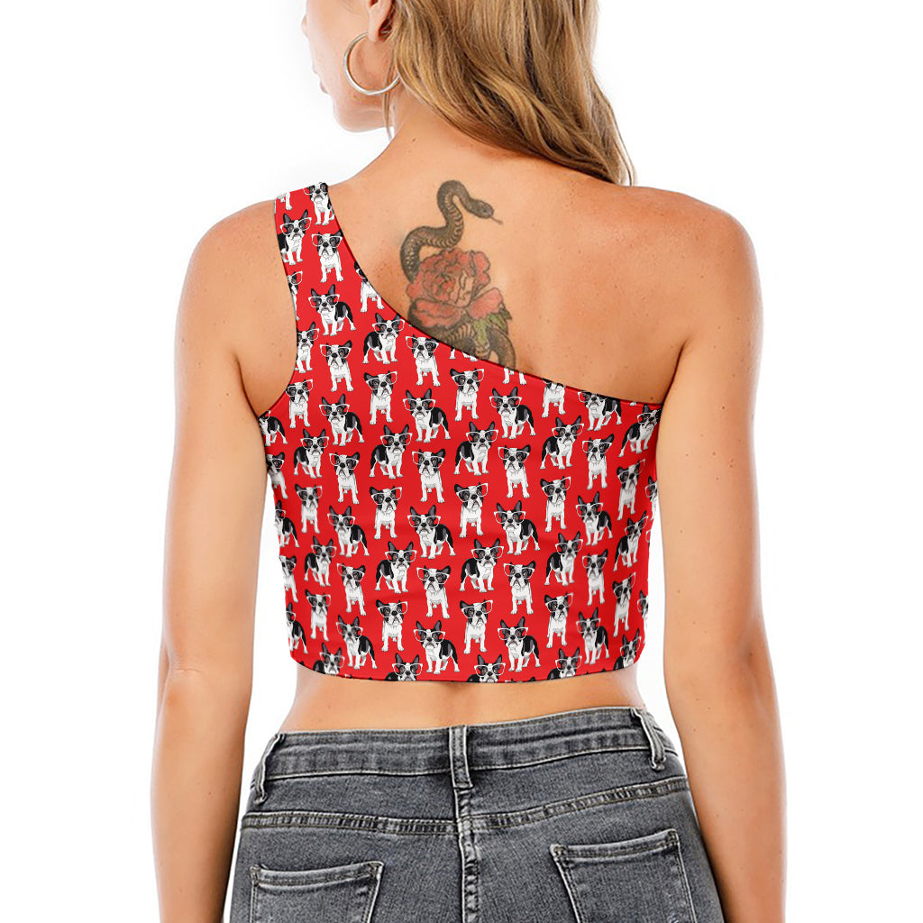 French Bulldog With Glasses Print One Shoulder Crop Top