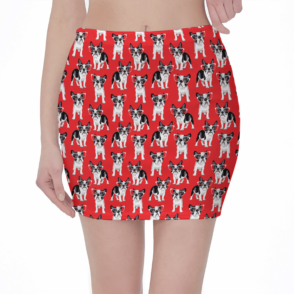French Bulldog With Glasses Print Pencil Mini Skirt
