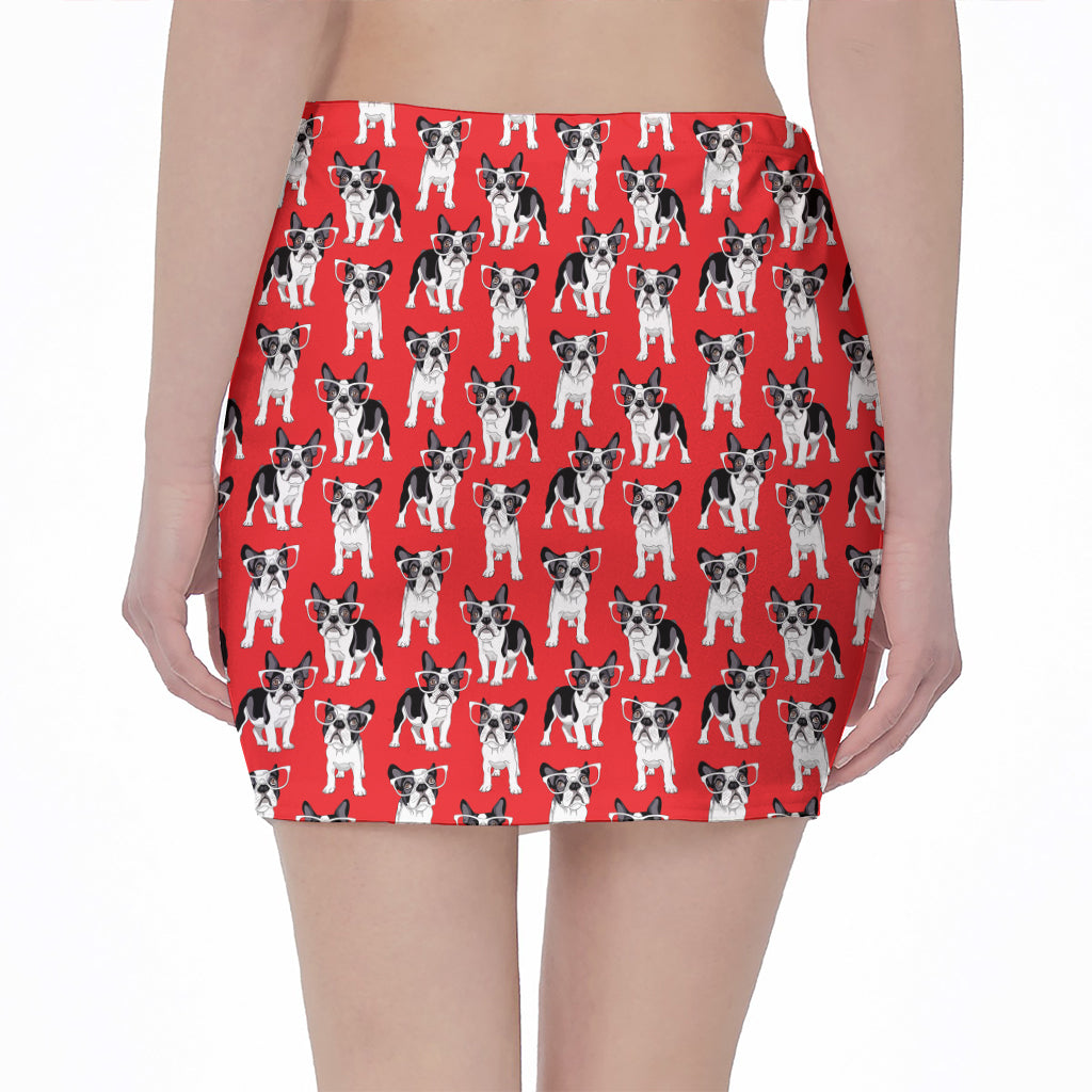 French Bulldog With Glasses Print Pencil Mini Skirt
