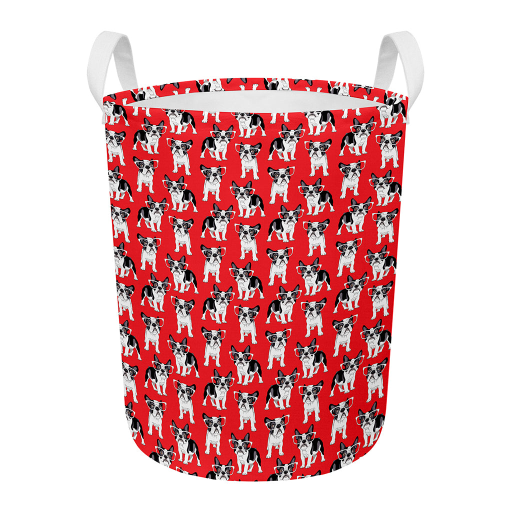 French Bulldog With Glasses Print Round Laundry Basket