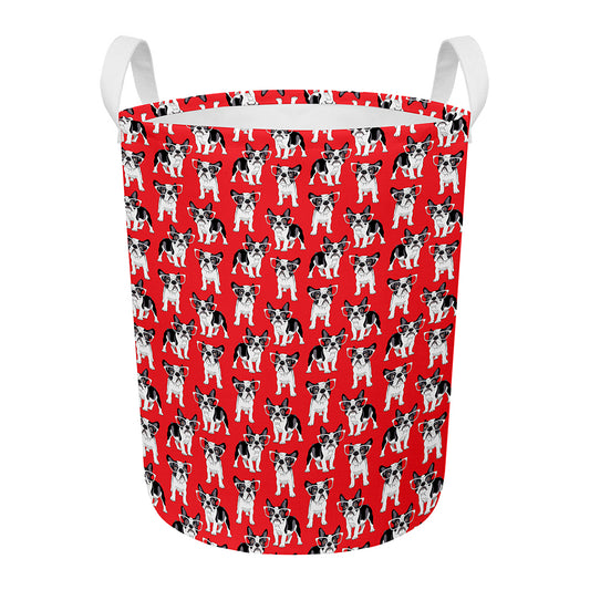 French Bulldog With Glasses Print Round Laundry Basket