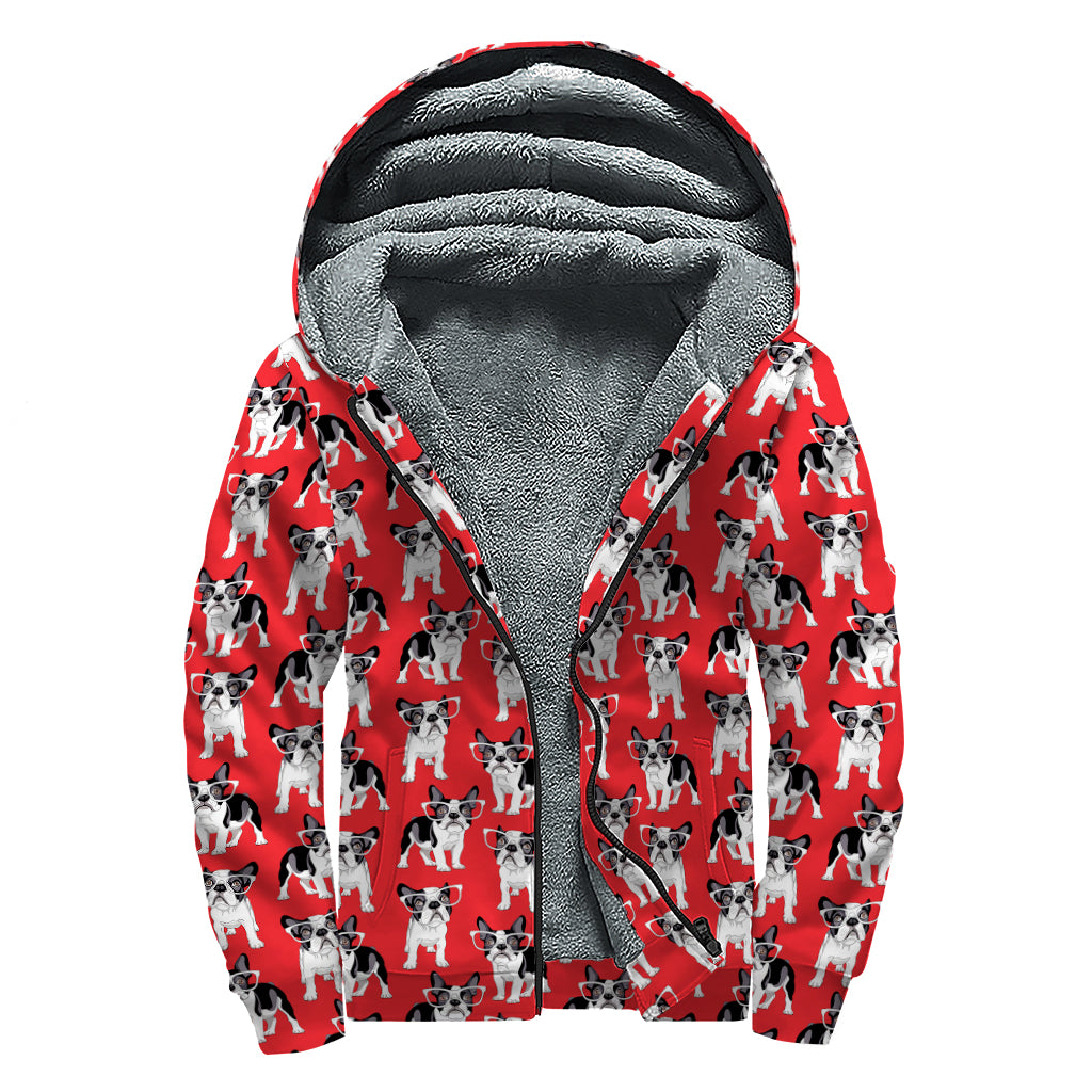French Bulldog With Glasses Print Sherpa Lined Zip Up Hoodie
