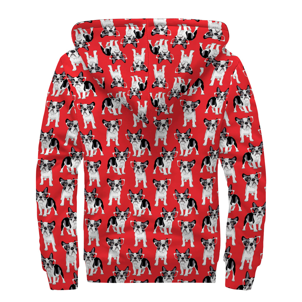 French Bulldog With Glasses Print Sherpa Lined Zip Up Hoodie