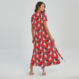 French Bulldog With Glasses Print Short Sleeve Maxi Dress