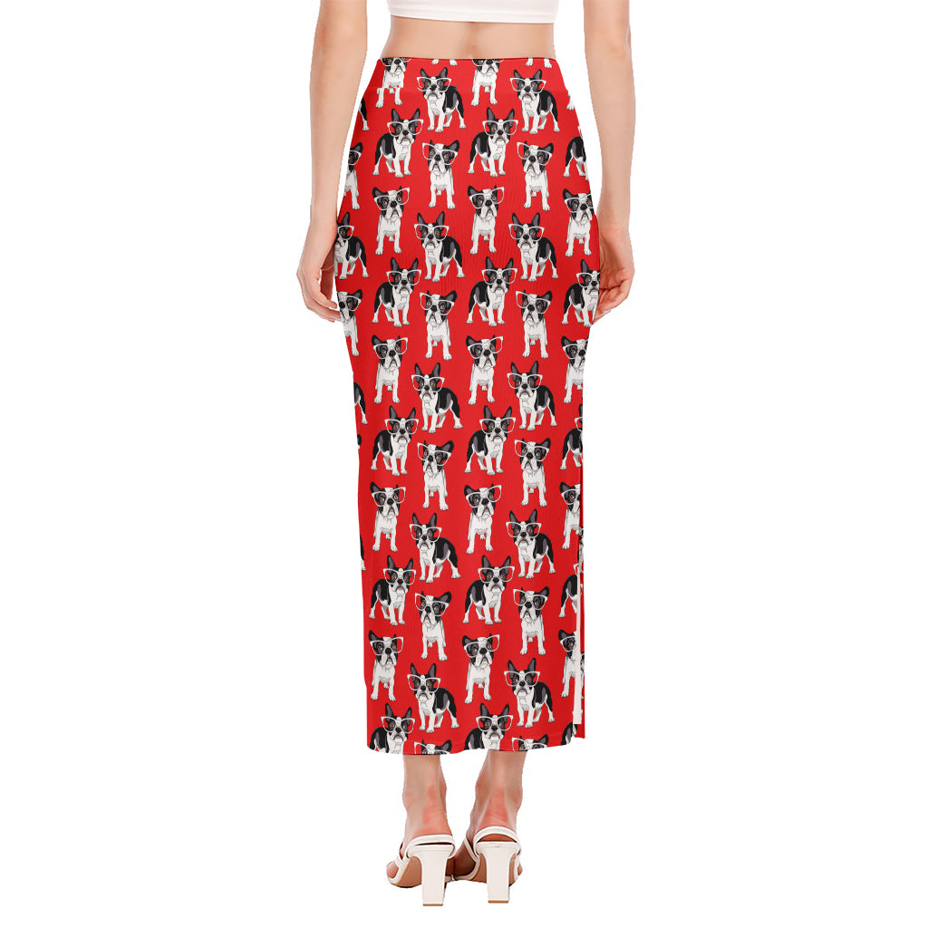 French Bulldog With Glasses Print Side Slit Maxi Skirt