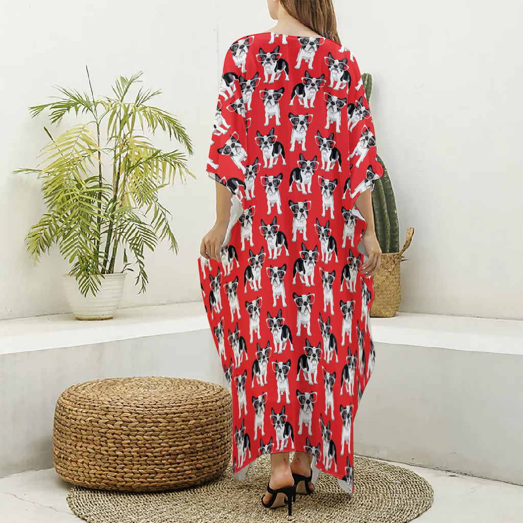French Bulldog With Glasses Print Silk V-Neck Kaftan Dress