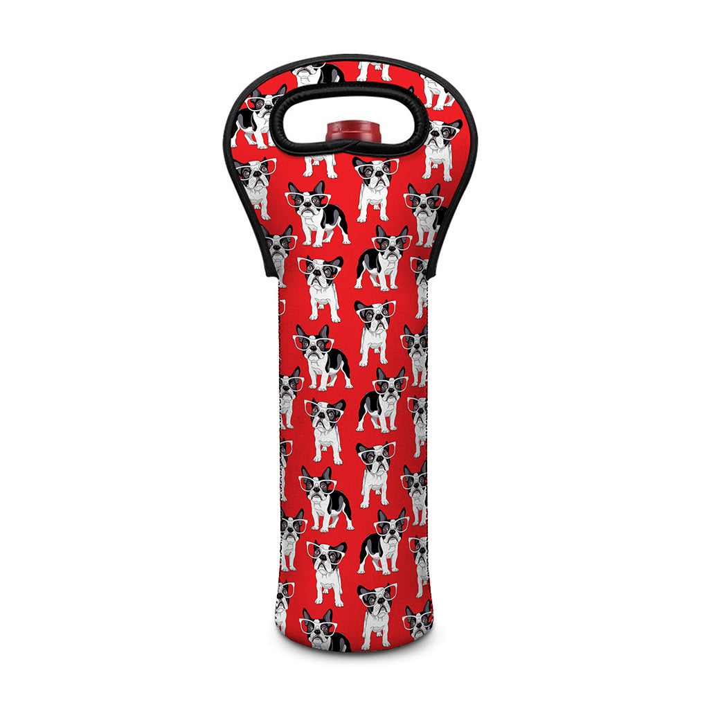 French Bulldog With Glasses Print Single Neoprene Wine Tote
