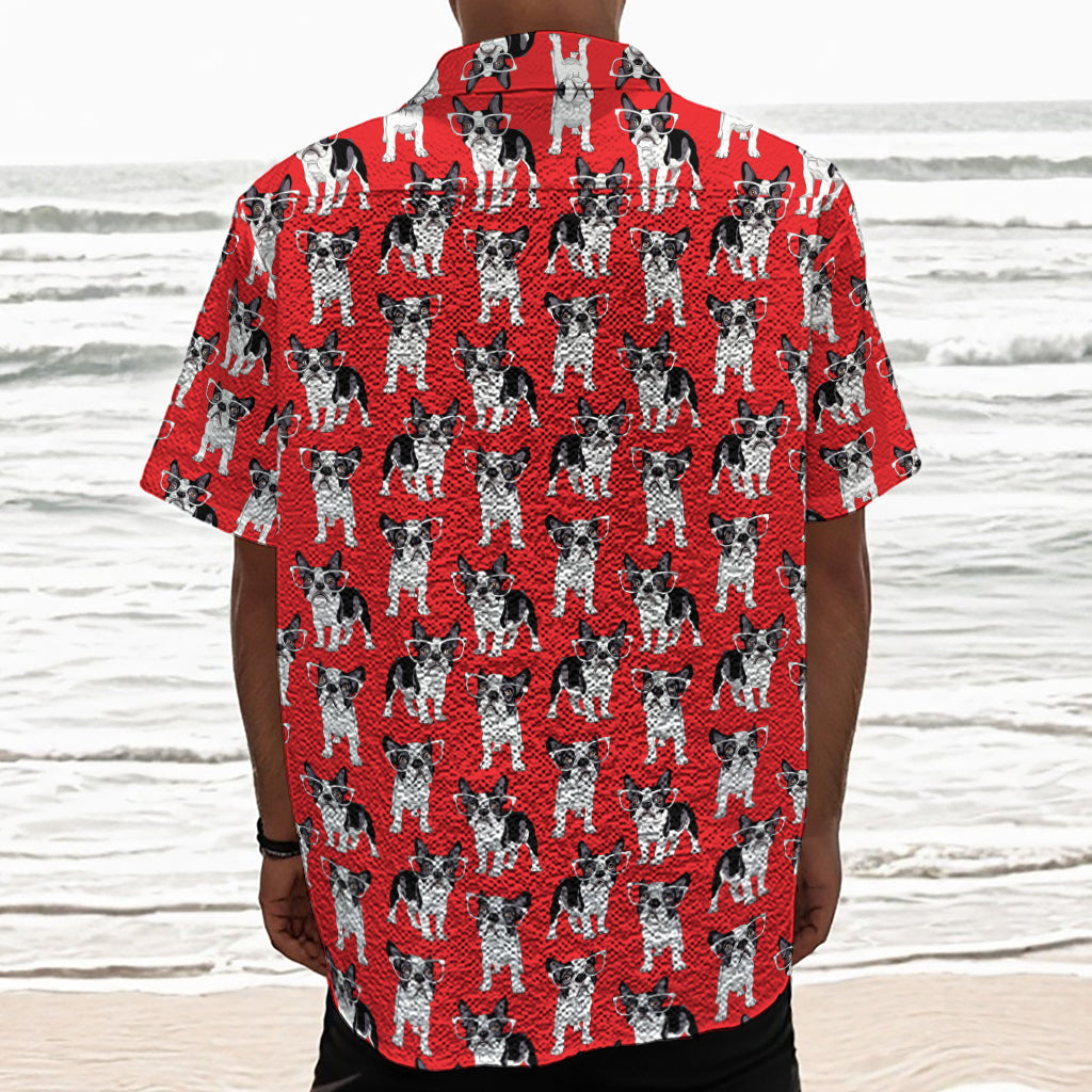 French Bulldog With Glasses Print Textured Short Sleeve Shirt