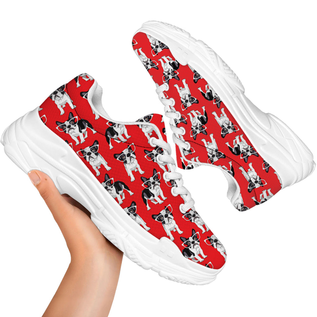 French Bulldog With Glasses Print White Chunky Shoes