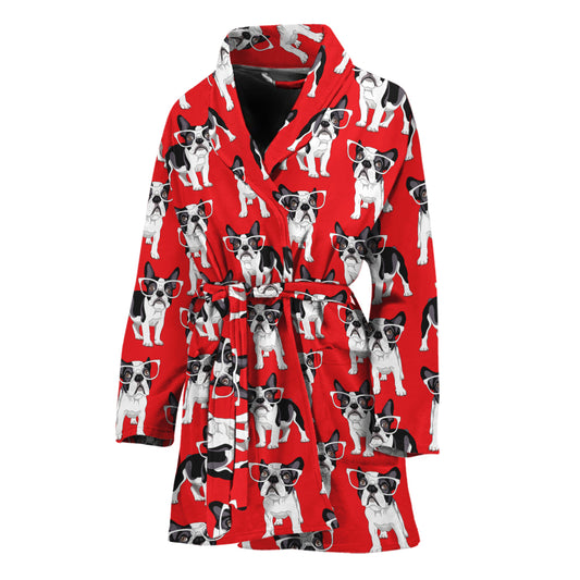 French Bulldog With Glasses Print Women's Bathrobe