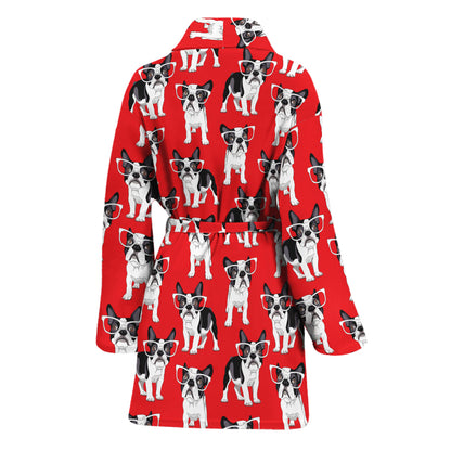 French Bulldog With Glasses Print Women's Bathrobe