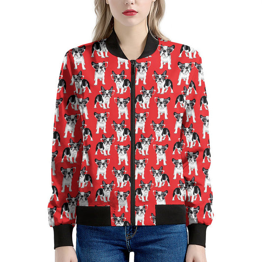 French Bulldog With Glasses Print Women's Bomber Jacket