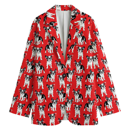 French Bulldog With Glasses Print Women's Cotton Blazer