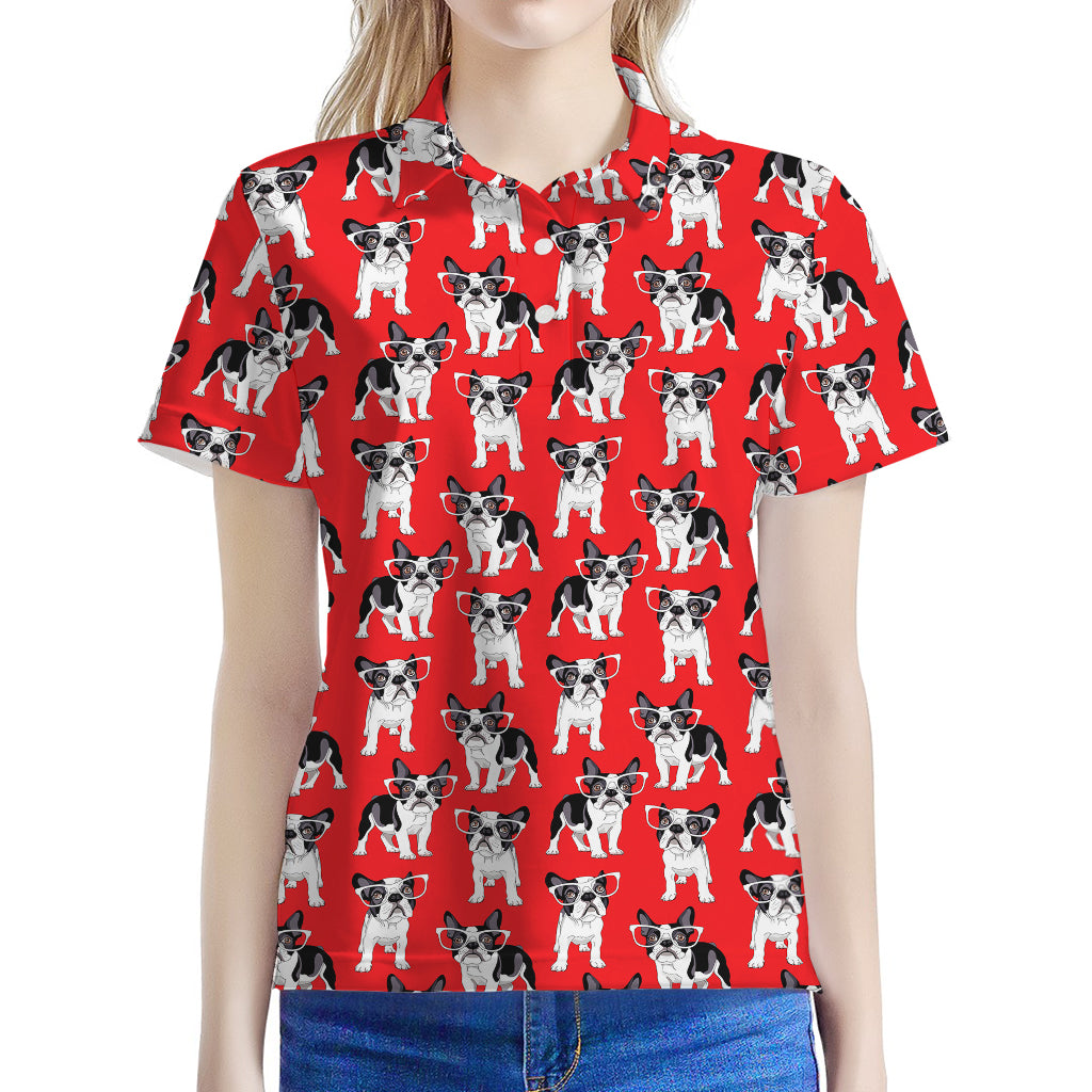 French Bulldog With Glasses Print Women's Polo Shirt