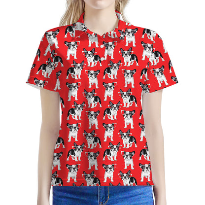 French Bulldog With Glasses Print Women's Polo Shirt
