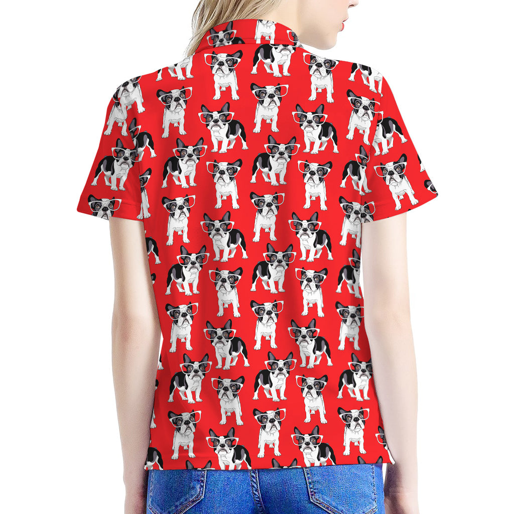 French Bulldog With Glasses Print Women's Polo Shirt