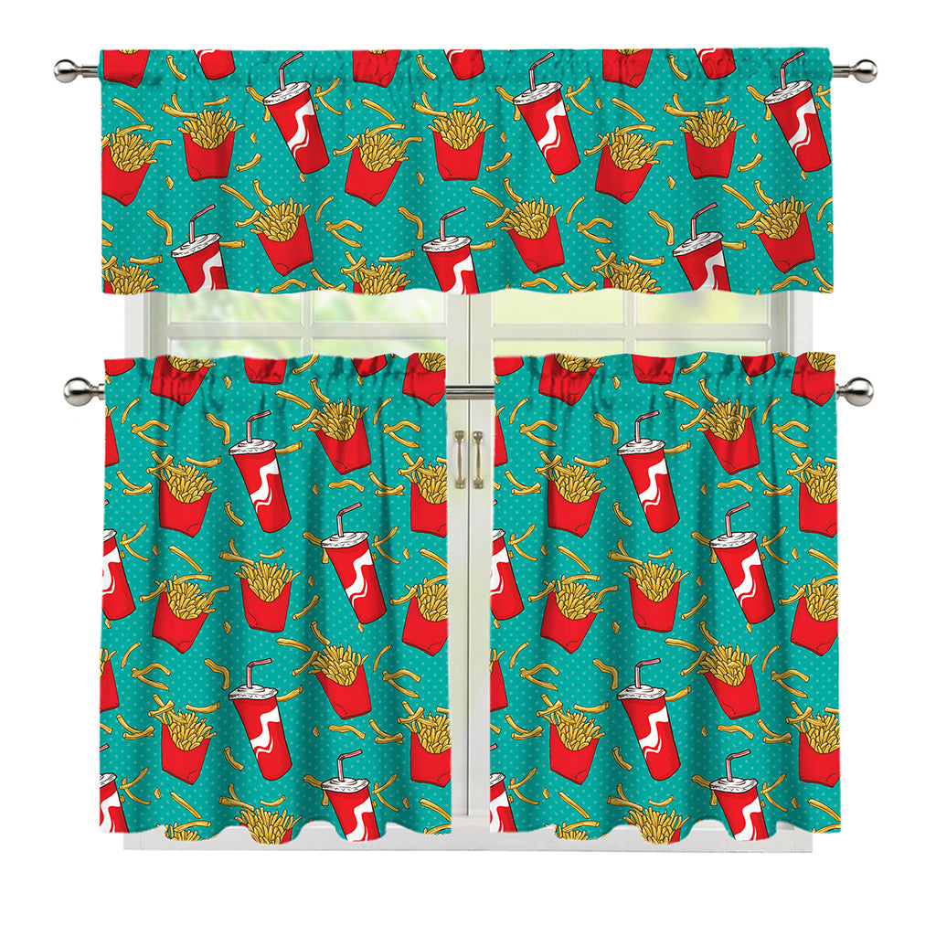 French Fries And Cola Pattern Print 3 Piece Kitchen Curtains