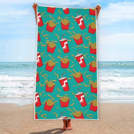 French Fries And Cola Pattern Print Beach Towel