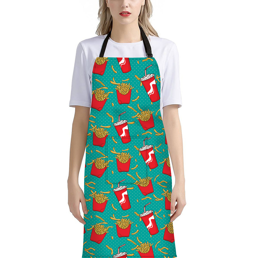 French Fries And Cola Pattern Print Bib Apron With Pocket