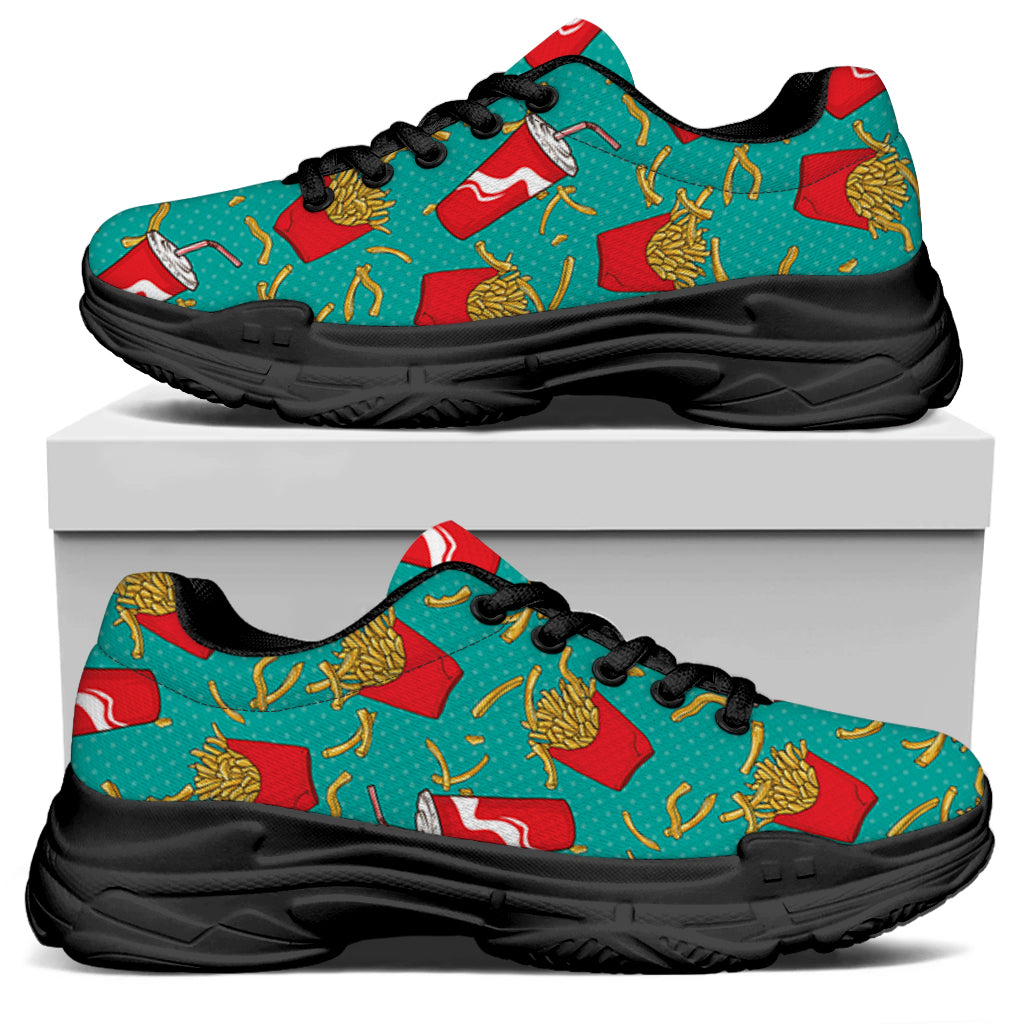 French Fries And Cola Pattern Print Black Chunky Shoes