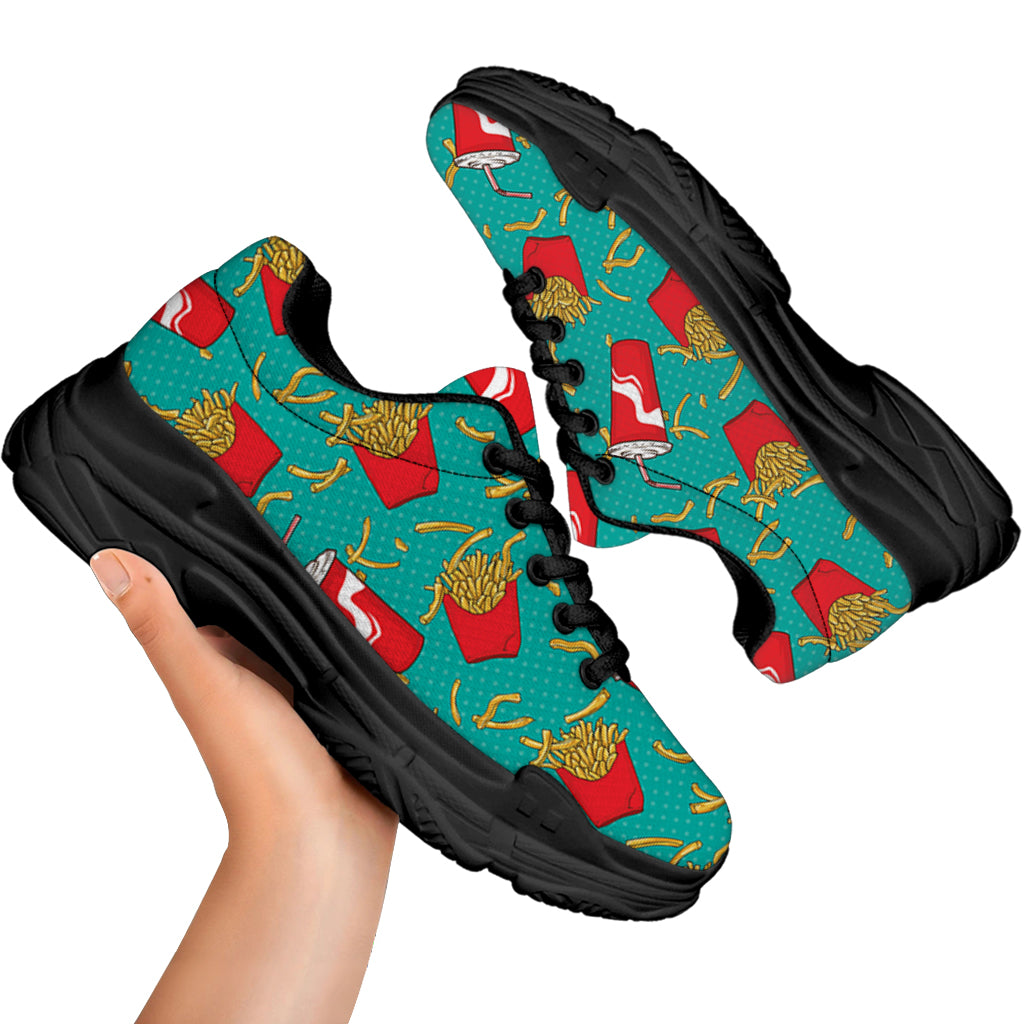 French Fries And Cola Pattern Print Black Chunky Shoes