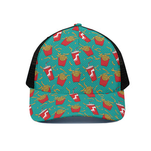 French Fries And Cola Pattern Print Black Mesh Trucker Cap