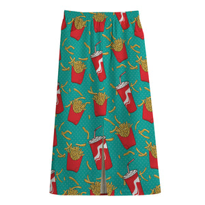 French Fries And Cola Pattern Print Cotton Front Slit Maxi Skirt