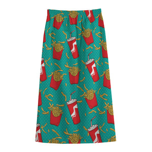 French Fries And Cola Pattern Print Cotton Front Slit Maxi Skirt