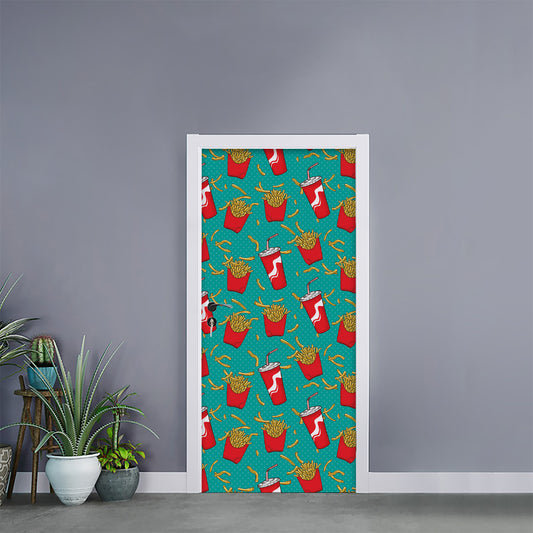 French Fries And Cola Pattern Print Door Sticker