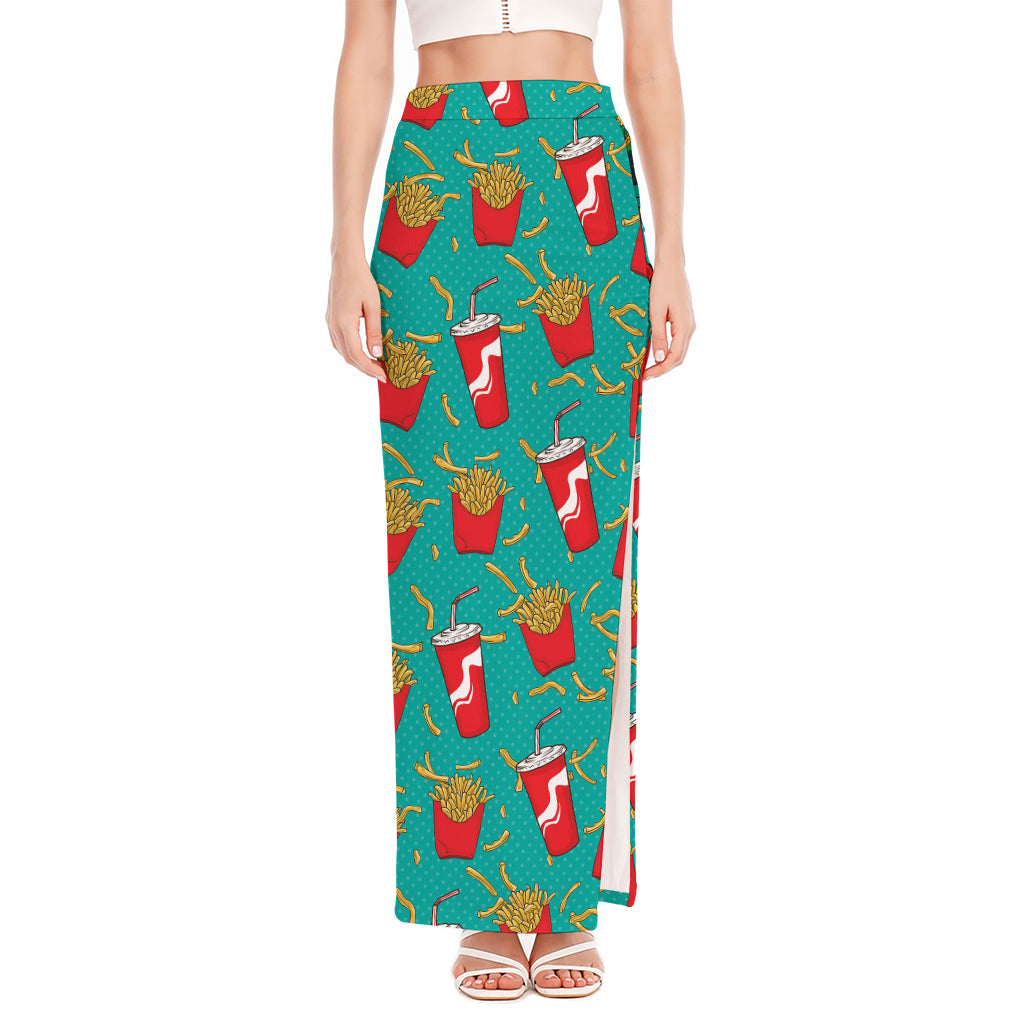 French Fries And Cola Pattern Print High Slit Maxi Skirt