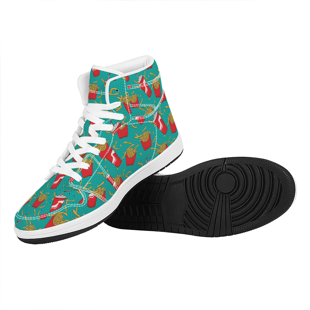 French Fries And Cola Pattern Print High Top Leather Sneakers