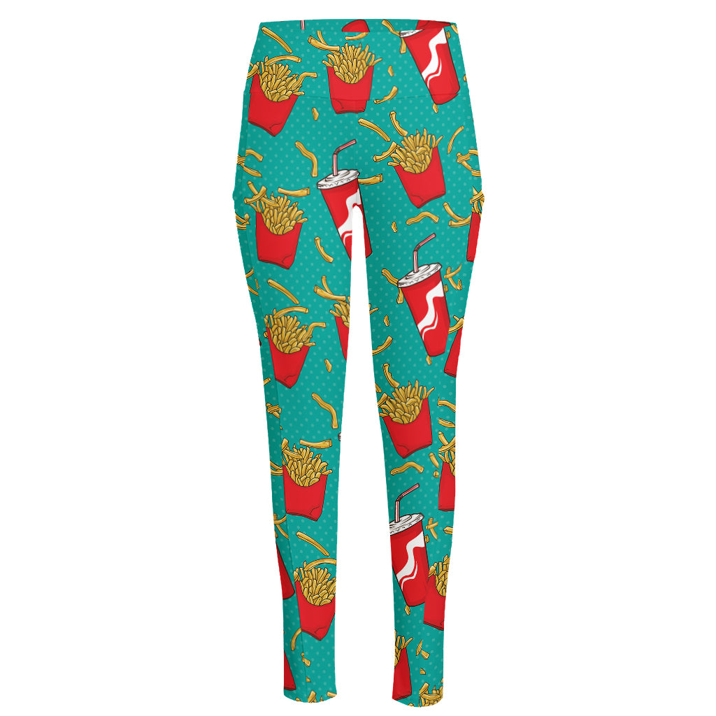 French Fries And Cola Pattern Print High-Waisted Pocket Leggings