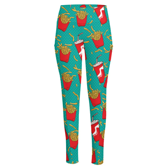 French Fries And Cola Pattern Print High-Waisted Pocket Leggings