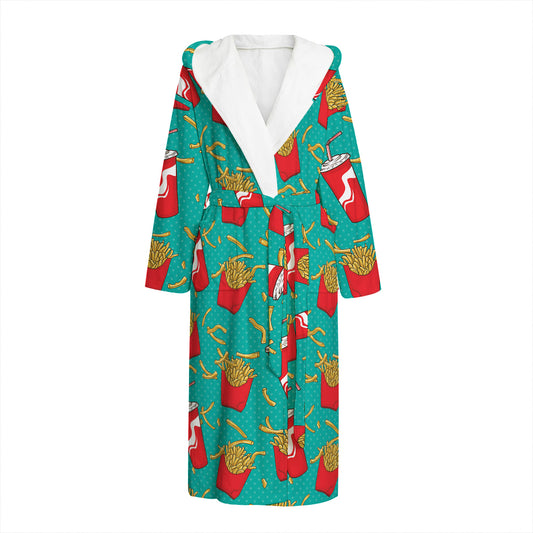 French Fries And Cola Pattern Print Hooded Bathrobe