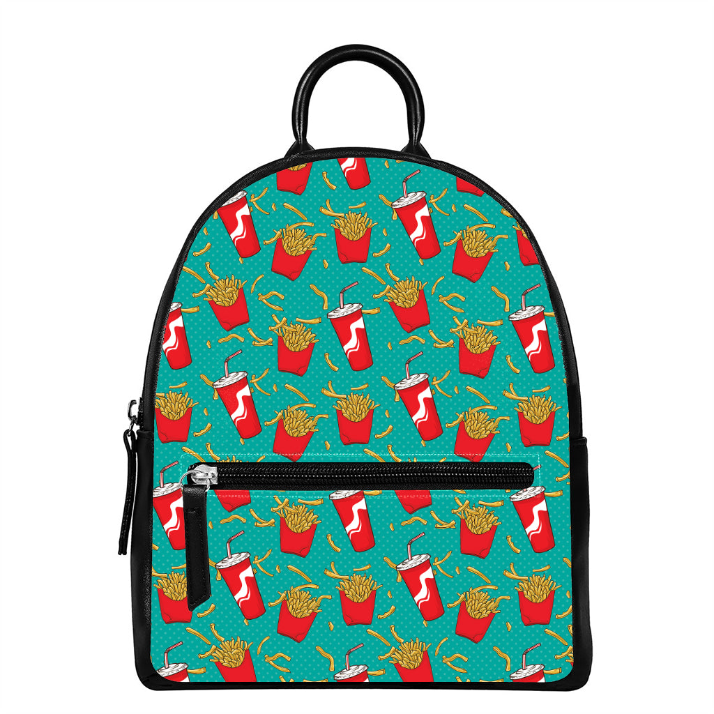 French Fries And Cola Pattern Print Leather Backpack