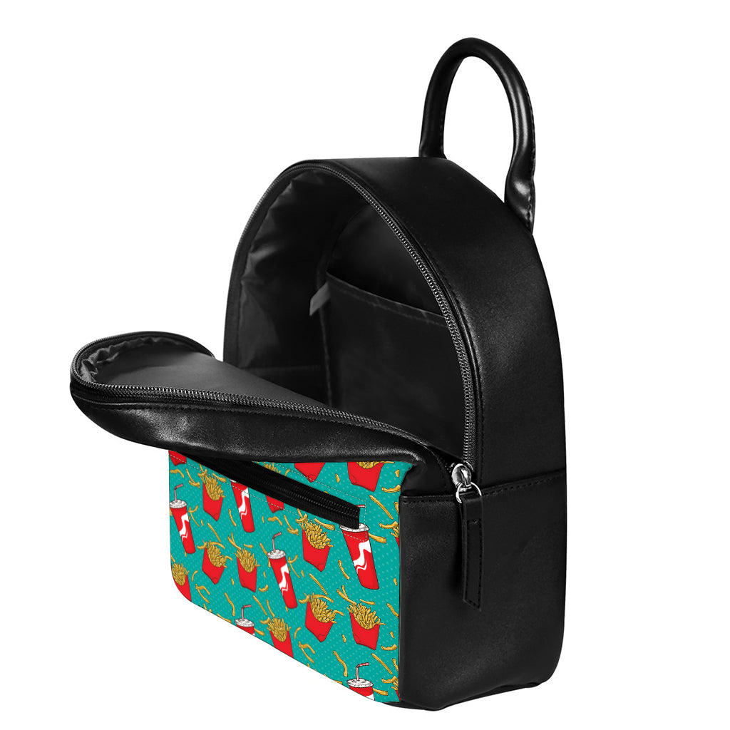 French Fries And Cola Pattern Print Leather Backpack