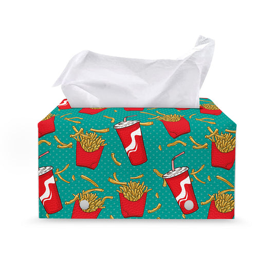 French Fries And Cola Pattern Print Leather Tissue Box Cover