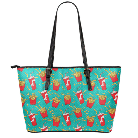 French Fries And Cola Pattern Print Leather Tote Bag