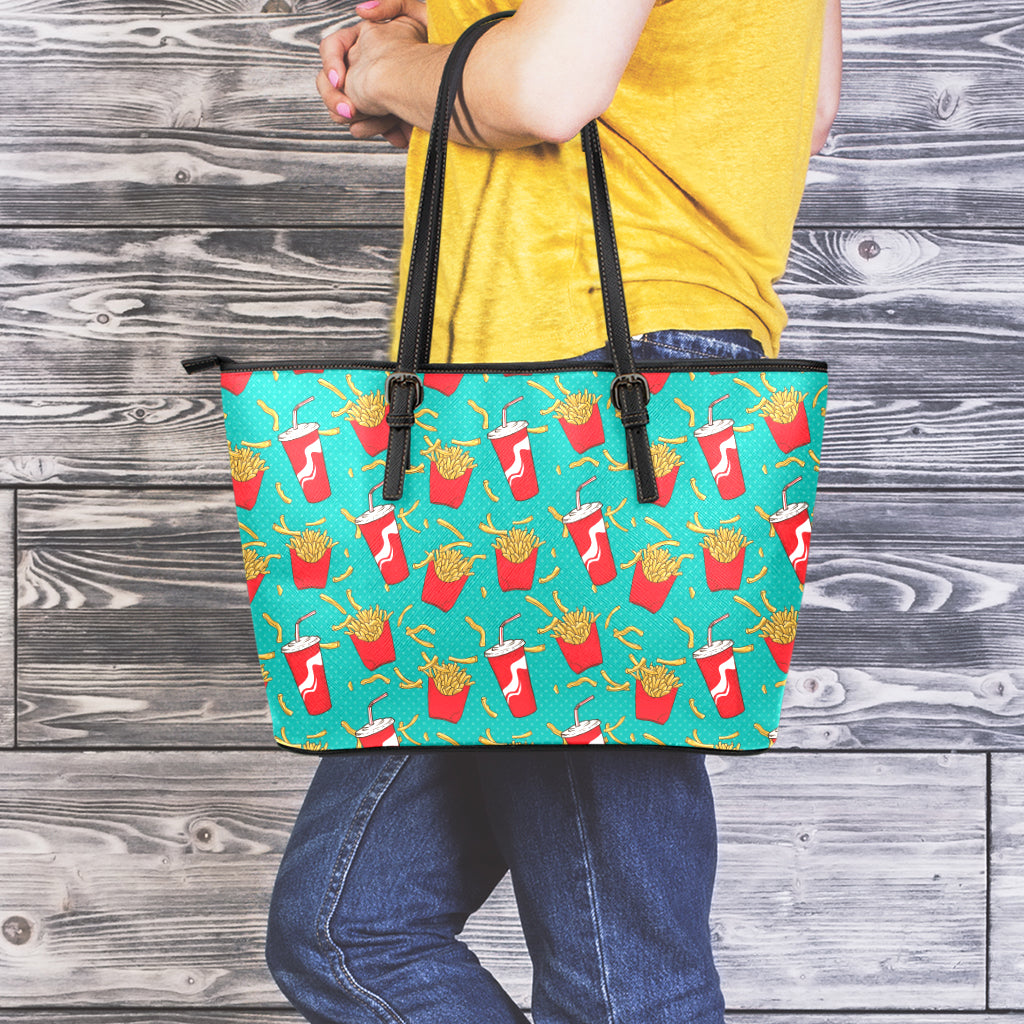 French Fries And Cola Pattern Print Leather Tote Bag