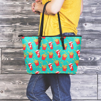 French Fries And Cola Pattern Print Leather Tote Bag