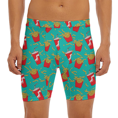 French Fries And Cola Pattern Print Men's Long Boxer Briefs