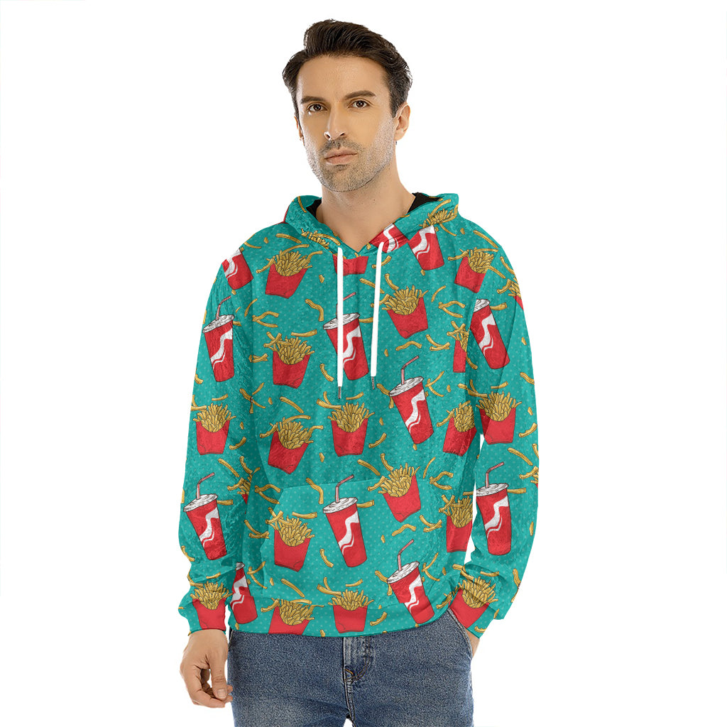 French Fries And Cola Pattern Print Men's Velvet Pullover Hoodie