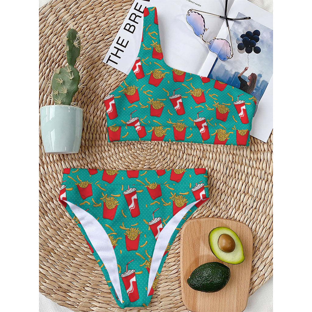 French Fries And Cola Pattern Print One Shoulder Bikini Top
